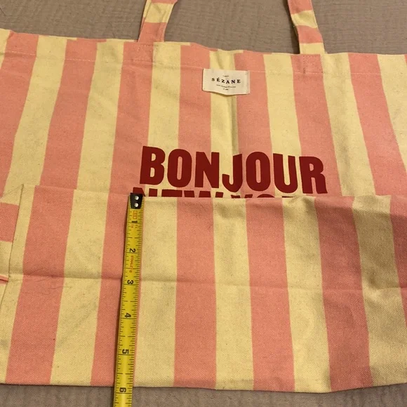 Sezane “Bonjour New York" Pink and Cream Striped Tote Bag - Picture 7 of 7